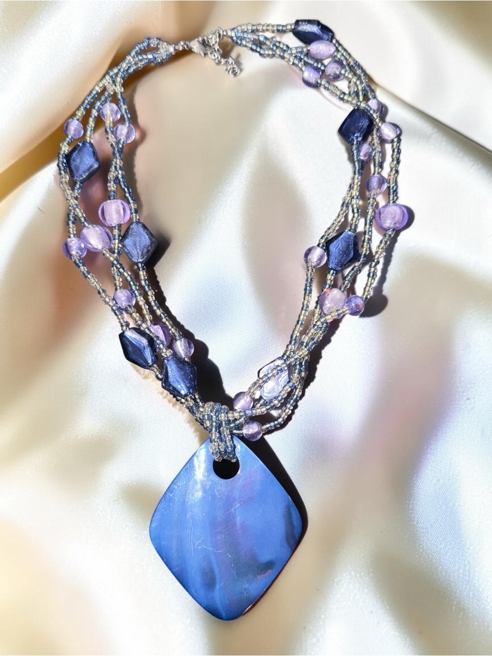 Blue Purple Multi Strand Beaded Statement Necklace with Large Pendant - Picture 5 of 6